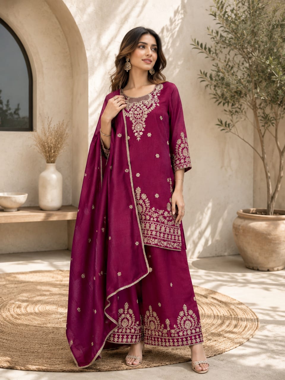 Women's Festive Wear Embroidered Kurta Sharara Set with Dupatta