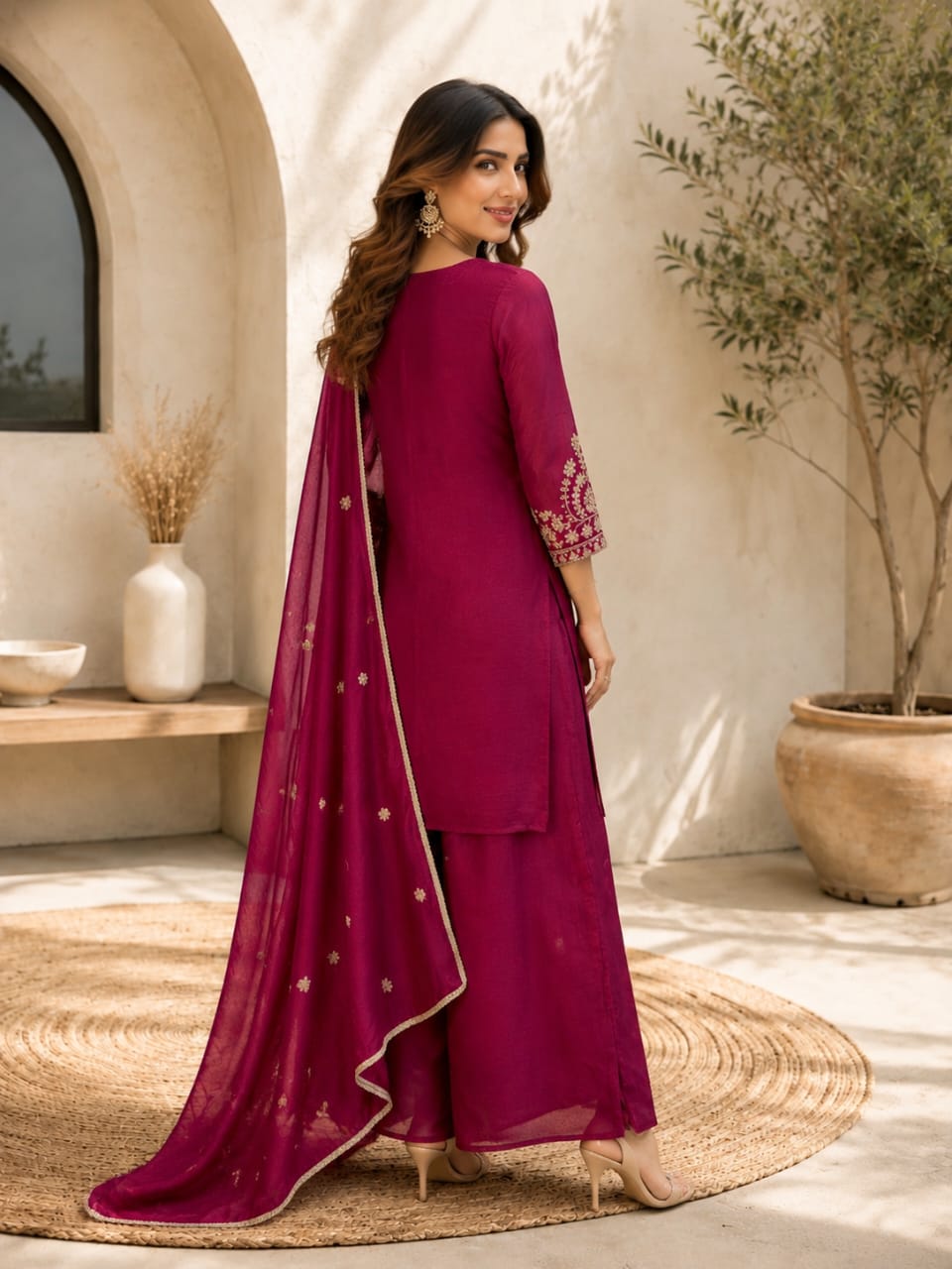 Women's Festive Wear Embroidered Kurta Sharara Set with Dupatta