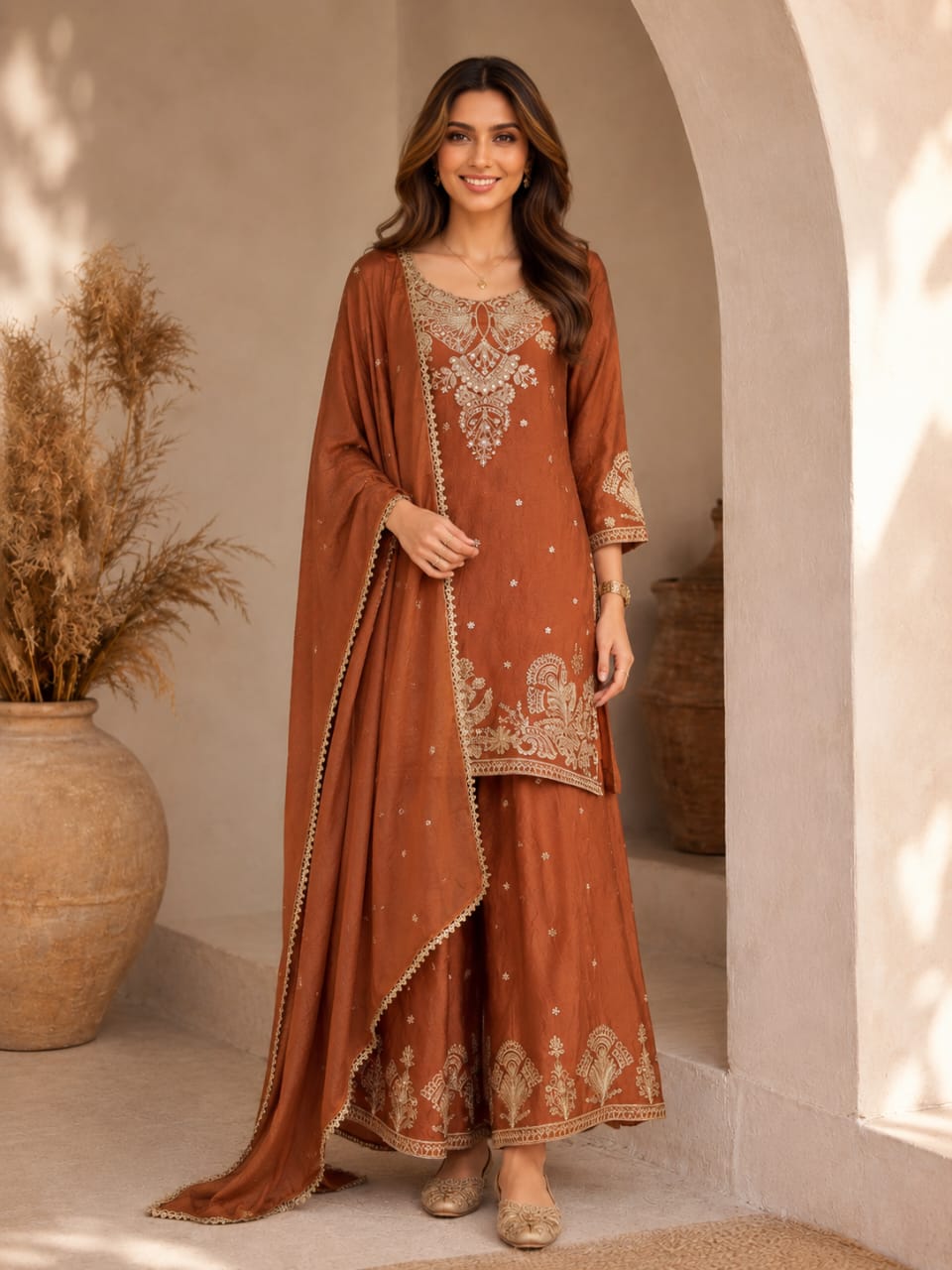 Women's Purple Embroidered Kurta Palazzo Set with Dupatta | Party Wear Ethnic Suit