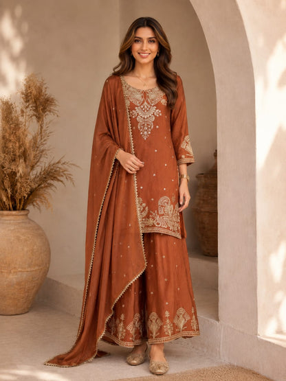Women's Purple Embroidered Kurta Palazzo Set with Dupatta | Party Wear Ethnic Suit