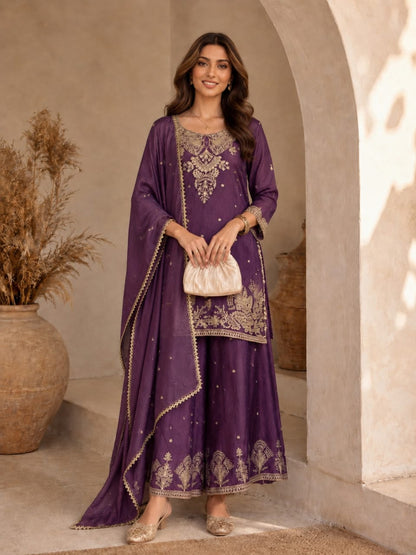 Women's Purple Embroidered Kurta Palazzo Set with Dupatta | Party Wear Ethnic Suit