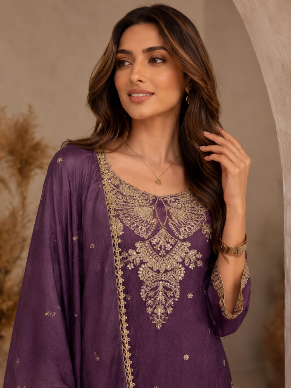 Women's Purple Embroidered Kurta Palazzo Set with Dupatta | Party Wear Ethnic Suit
