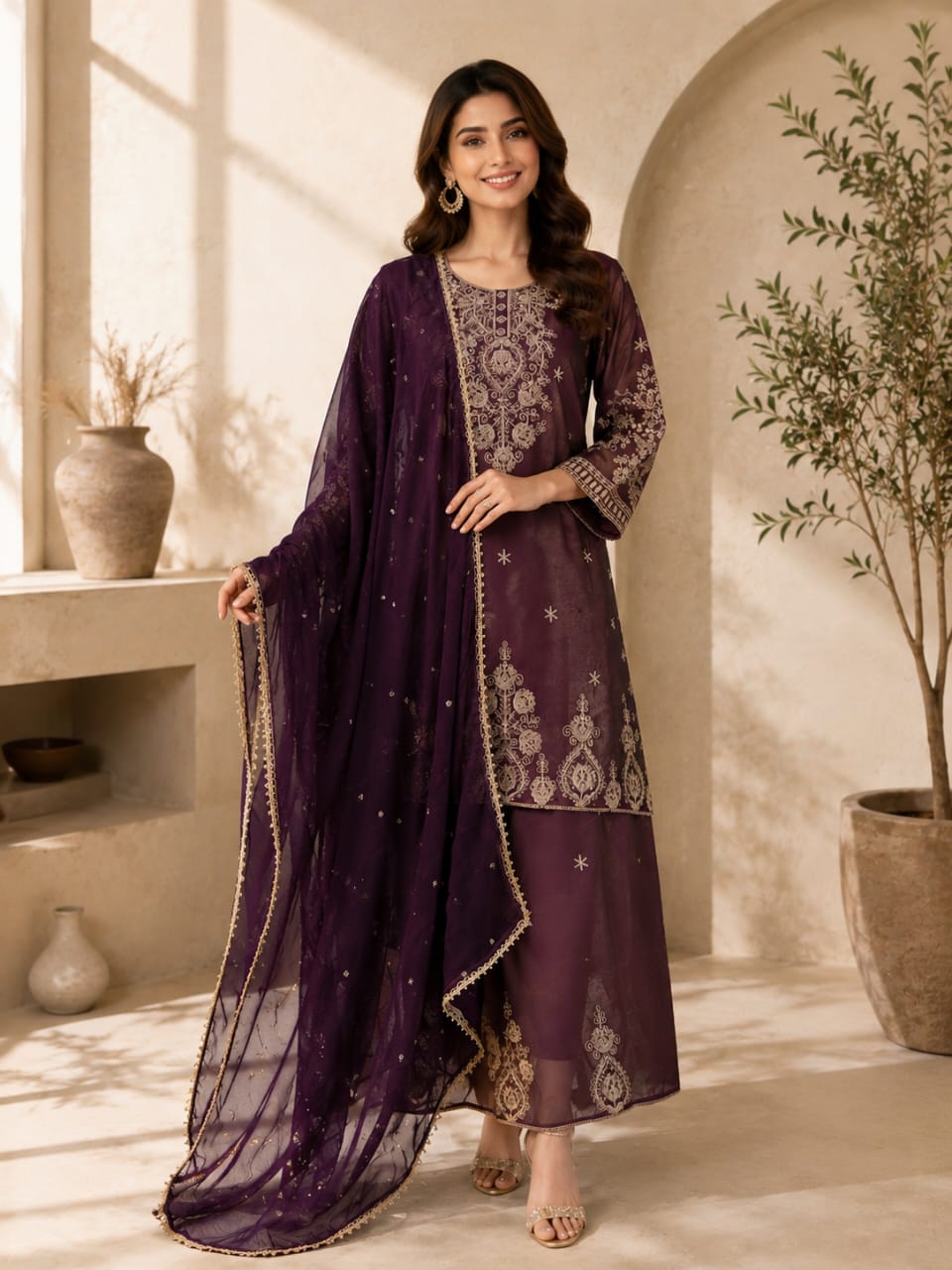 Premium Ethnic Suit Set for Women with Embroidered Palazzo & Dupatta