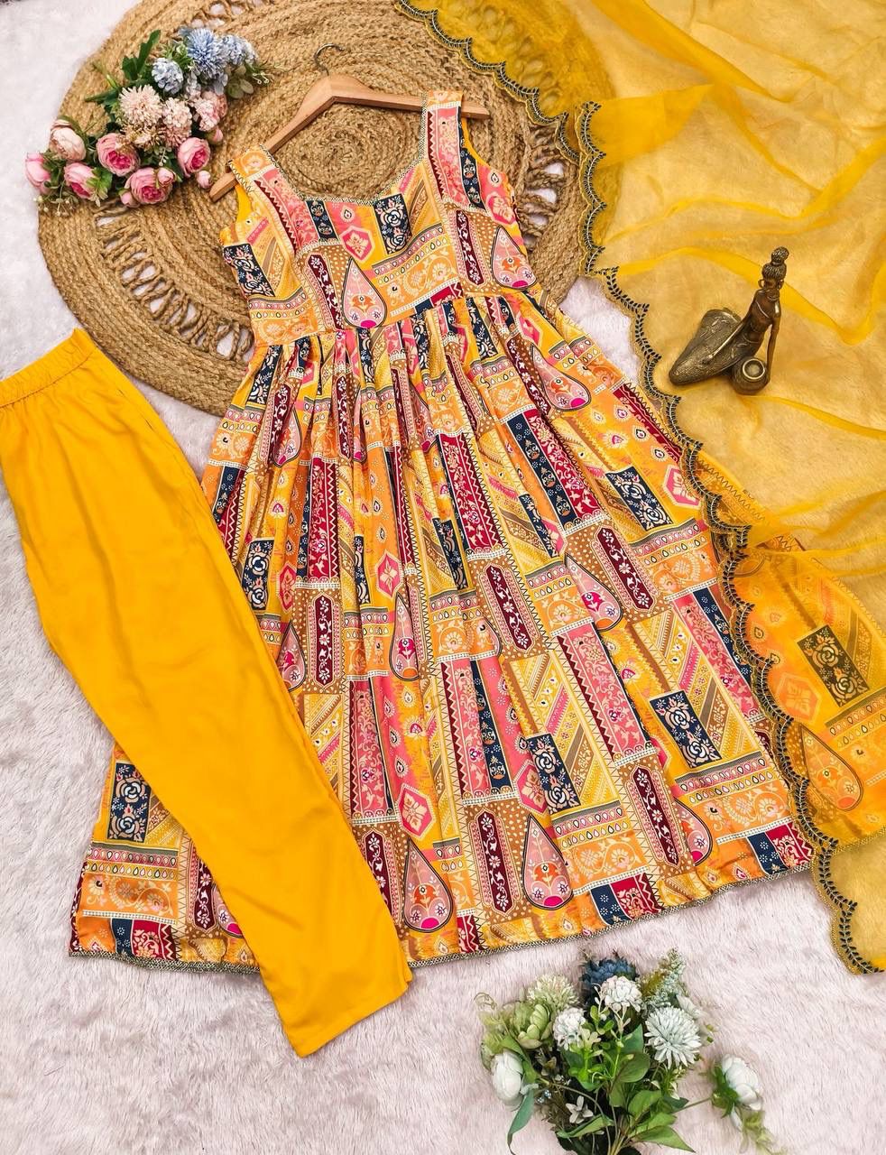 Yellow Wedding Wear Kurta Palazzo Suit Set for Women with Embroidery Work