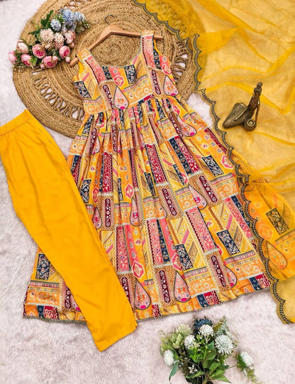 Yellow Wedding Wear Kurta Palazzo Suit Set for Women with Embroidery Work
