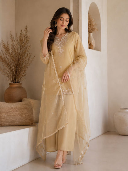 Premium Embroidered Kurta Palazzo Set with Net Dupatta for Women | Festive & Party Wear Ethnic Suit Set | Beige