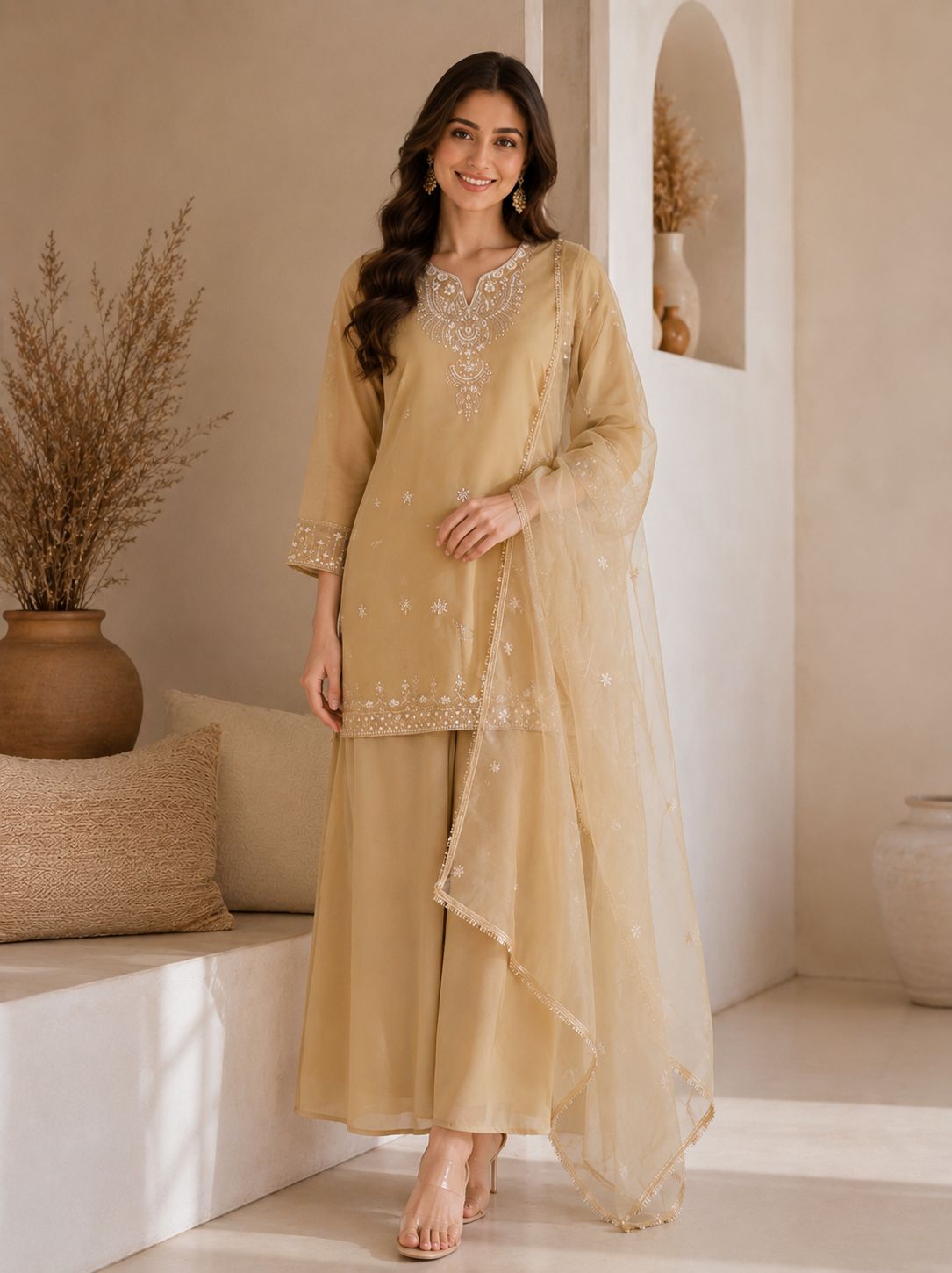 Premium Embroidered Kurta Palazzo Set with Net Dupatta for Women | Festive & Party Wear Ethnic Suit Set | Beige