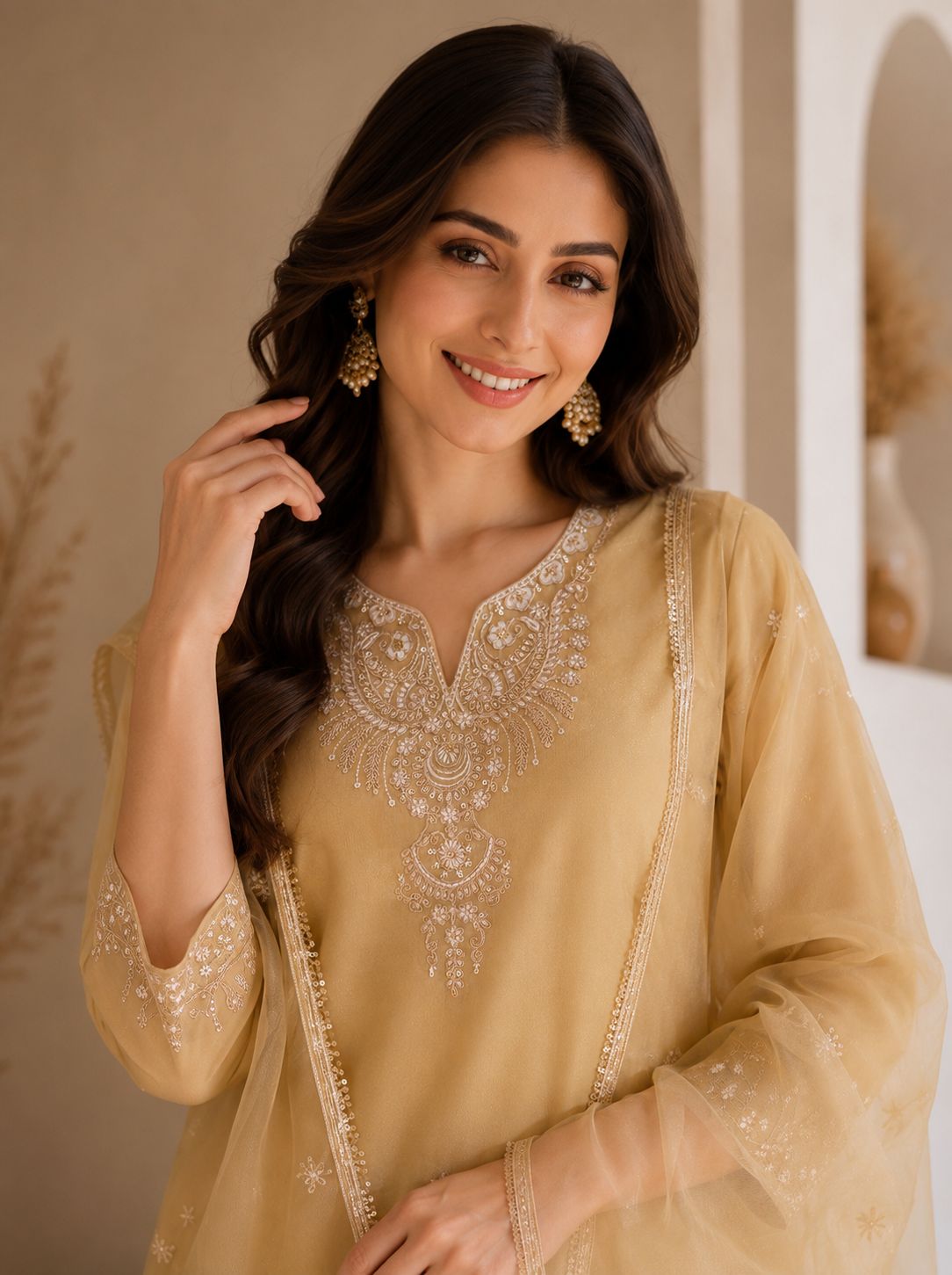Premium Embroidered Kurta Palazzo Set with Net Dupatta for Women | Festive & Party Wear Ethnic Suit Set | Beige
