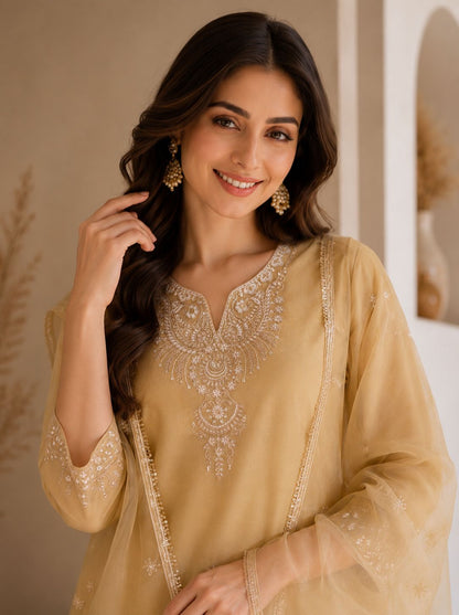 Premium Embroidered Kurta Palazzo Set with Net Dupatta for Women | Festive & Party Wear Ethnic Suit Set | Beige