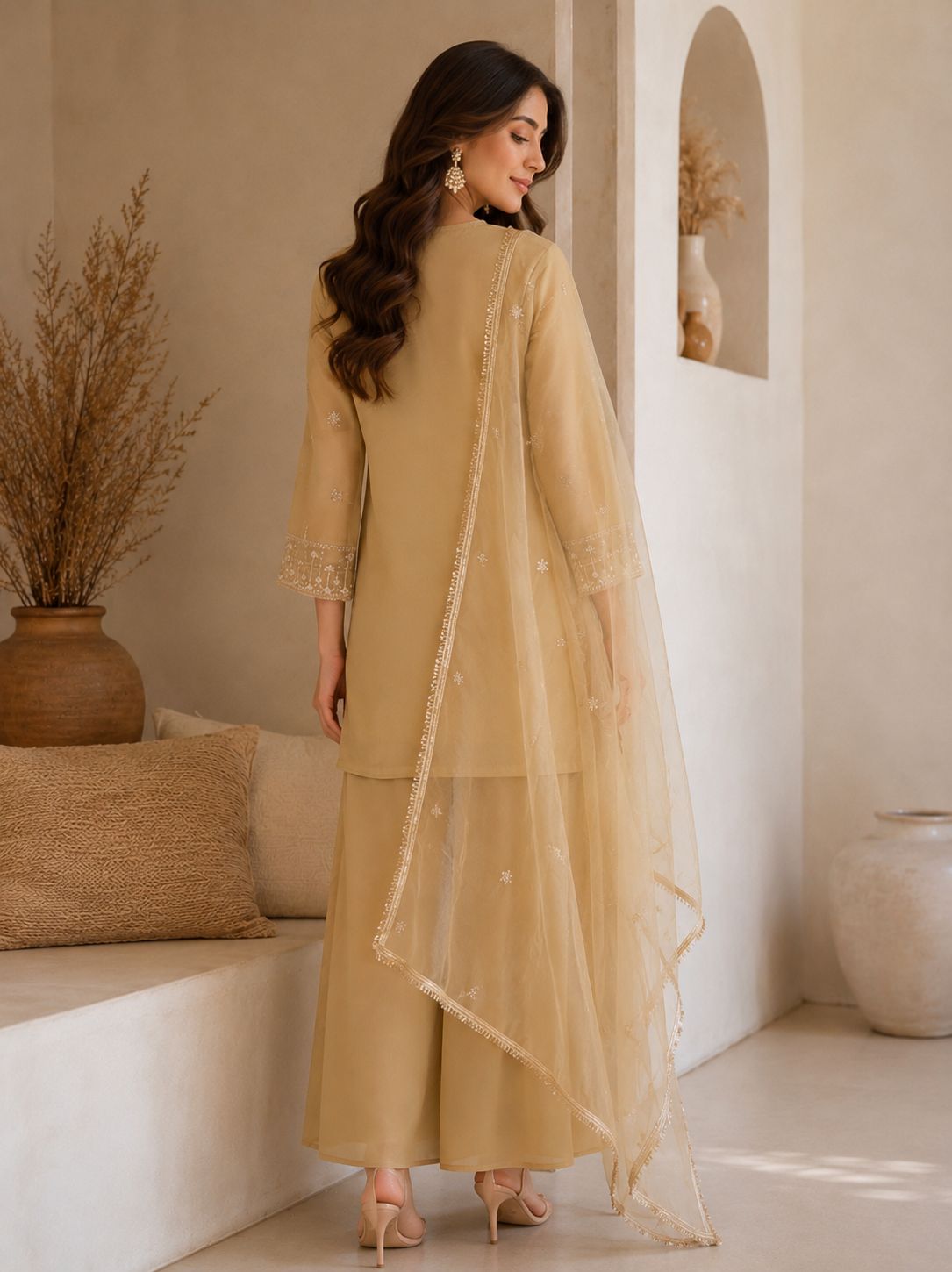 Premium Embroidered Kurta Palazzo Set with Net Dupatta for Women | Festive & Party Wear Ethnic Suit Set | Beige