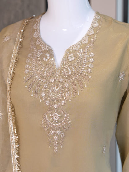 Premium Embroidered Kurta Palazzo Set with Net Dupatta for Women | Festive & Party Wear Ethnic Suit Set | Beige
