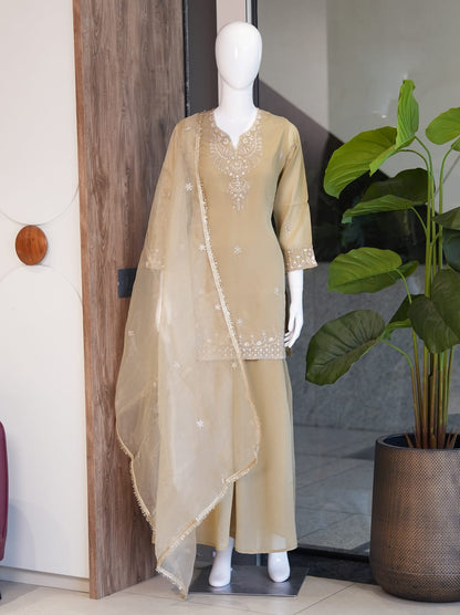 Premium Embroidered Kurta Palazzo Set with Net Dupatta for Women | Festive & Party Wear Ethnic Suit Set | Beige