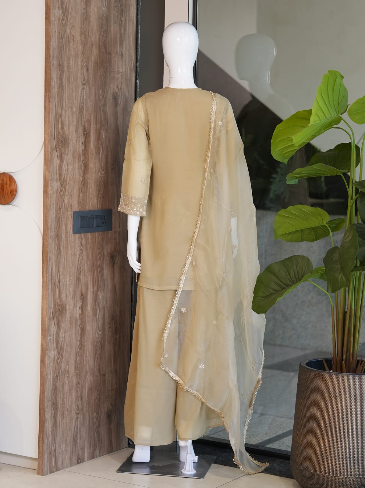 Premium Embroidered Kurta Palazzo Set with Net Dupatta for Women | Festive & Party Wear Ethnic Suit Set | Beige