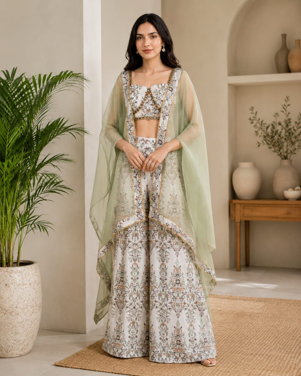 Premium Floral Printed Indo-Western Cape Set with Palazzo for Women
