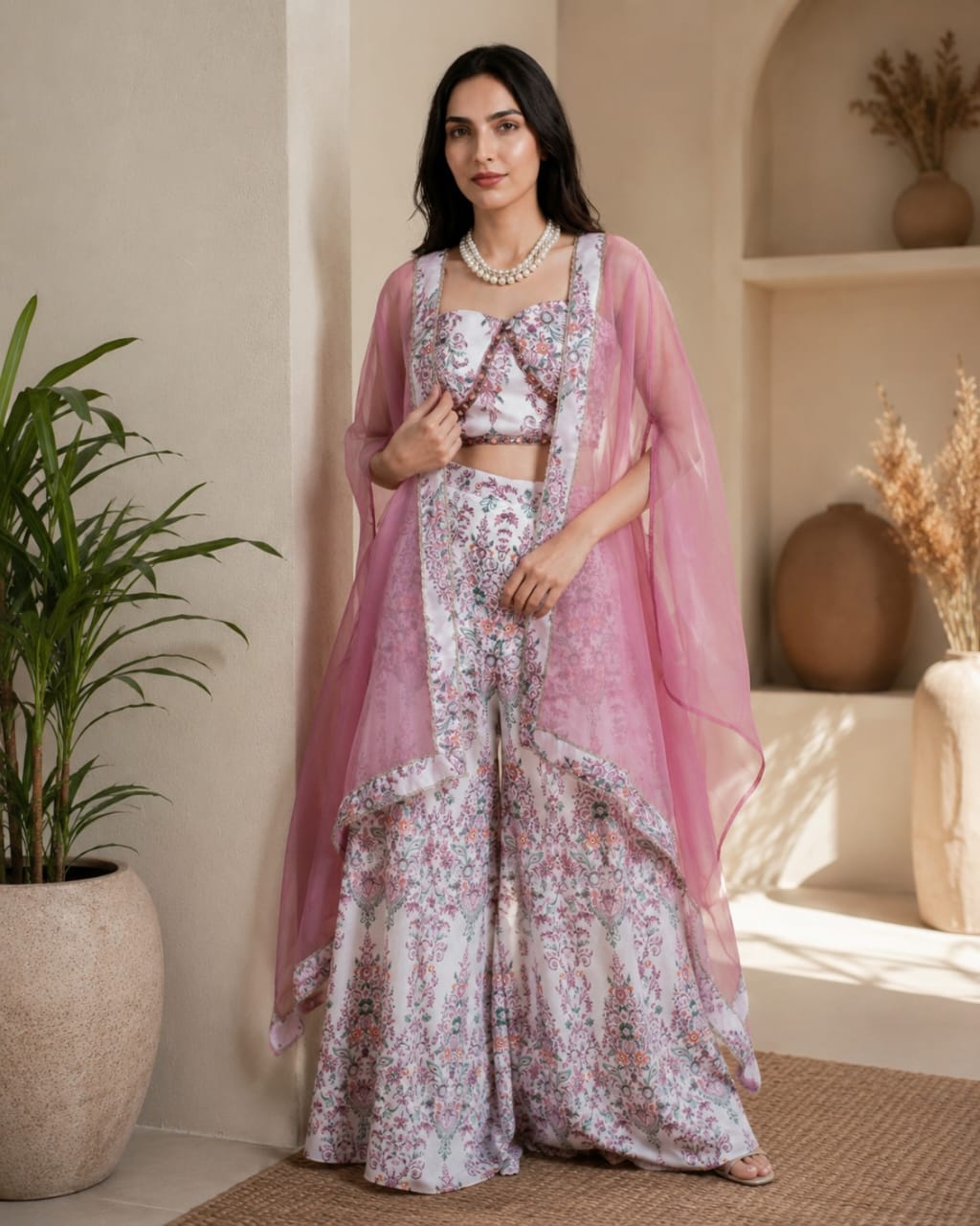 Premium Floral Printed Indo-Western Cape Set with Palazzo for Women