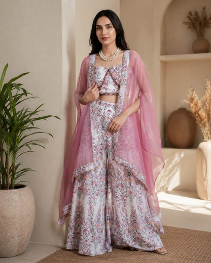 Premium Floral Printed Indo-Western Cape Set with Palazzo for Women