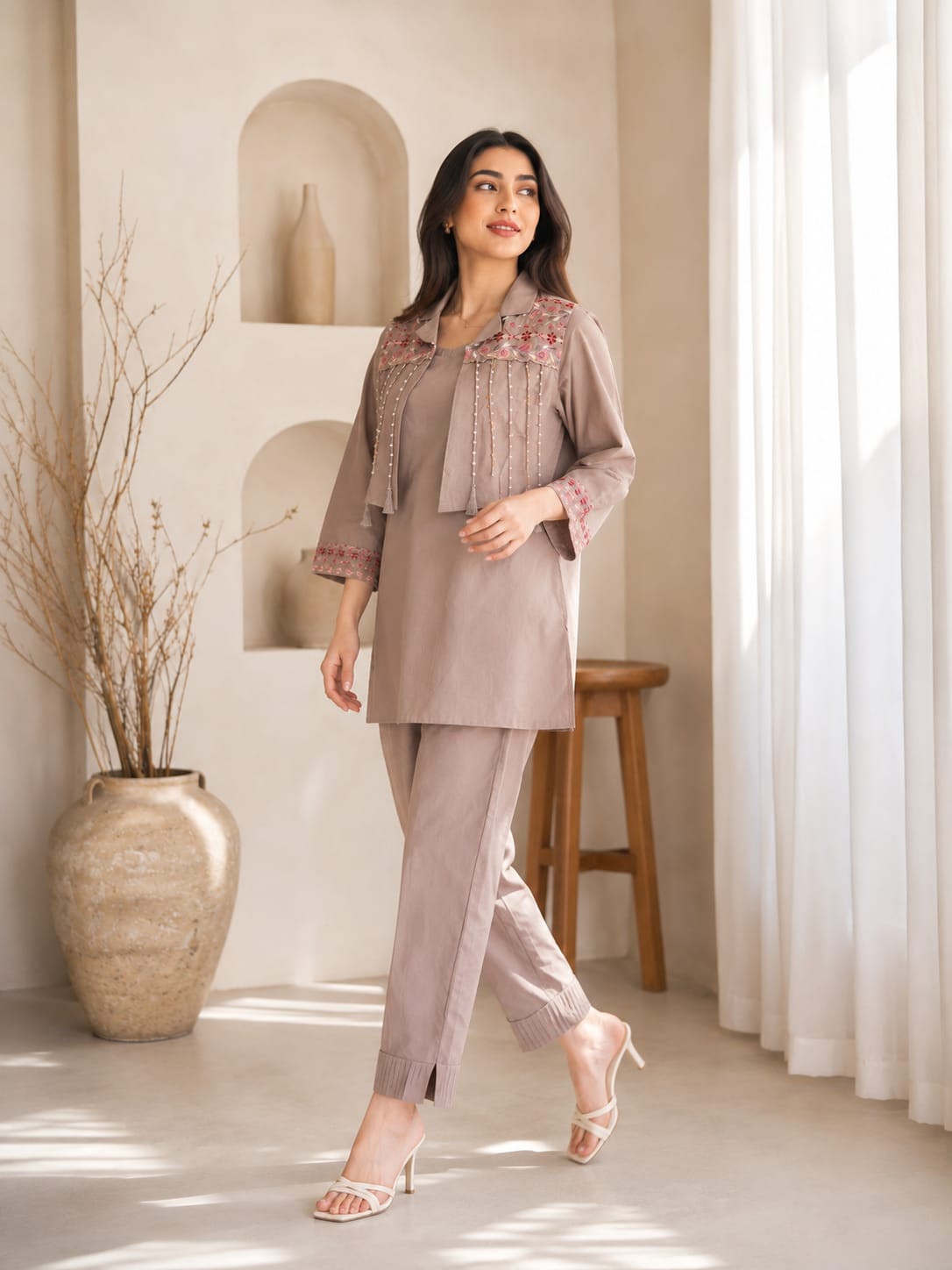Premium Cotton Co-Ord Set for Women with Embroidered Jacket | Casual & Office Wear