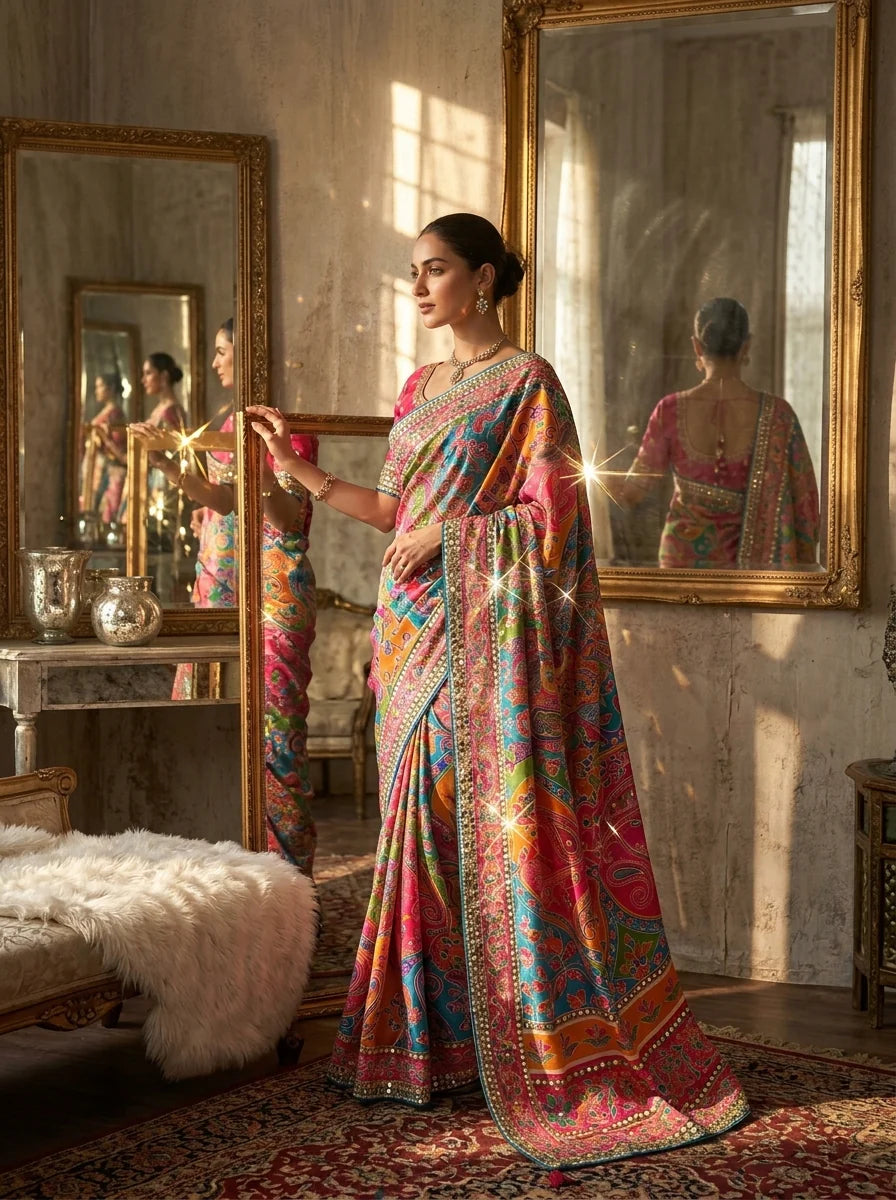 Dusk Chinnon Silk Saree Designer Printed with Blouse | Festive & Wedding Wear
