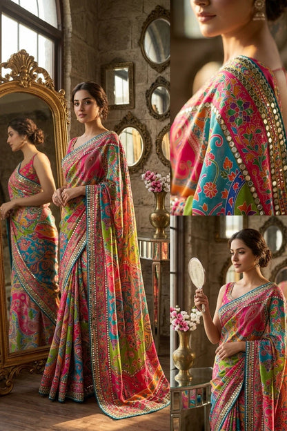 Dusk Chinnon Silk Saree Designer Printed with Blouse | Festive & Wedding Wear