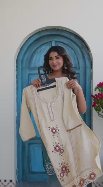 Women’s Cream Embroidered Kurti Palazzo Set with Organza Dupatta | Festive Ethnic