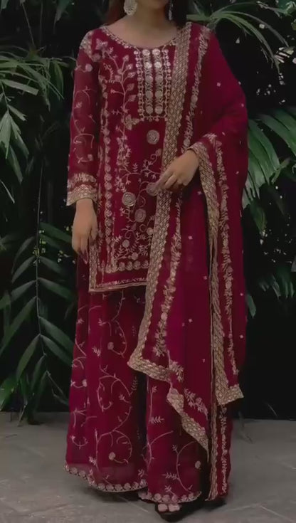 Royal Red Heavy Embroidered Anarkali Suit with Organza Dupatta