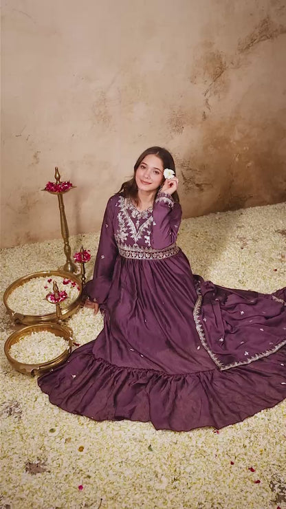 Women’s Designer Rangoli Crush Embroidered Gown with Dupatta | Party Wear Anarkali Gown Set