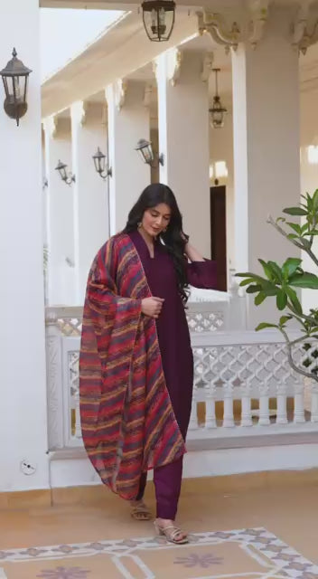 Women’s Wine Roman Silk Chikankari Kurti Pant Set with Kota Dupatta