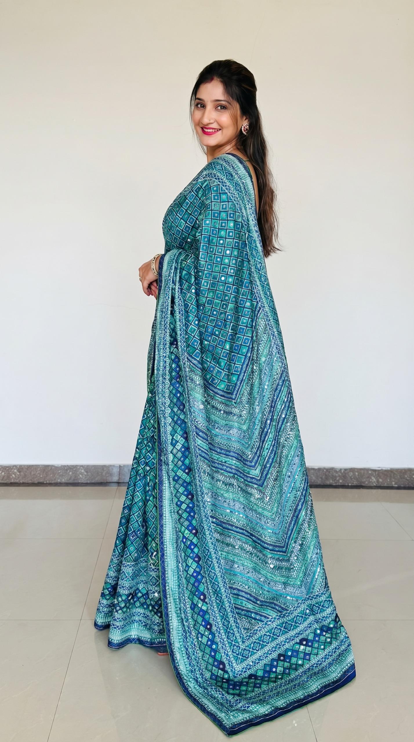 Blue Designer Printed Silk Saree with Blouse | Festive & Wedding Wear