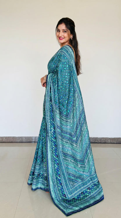 Blue Designer Printed Silk Saree with Blouse | Festive & Wedding Wear