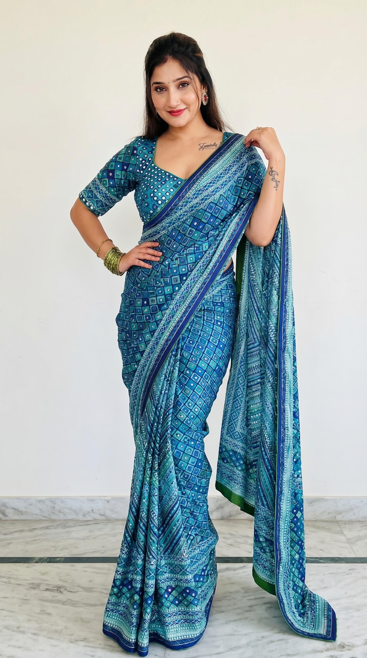 Blue Designer Printed Silk Saree with Blouse | Festive & Wedding Wear