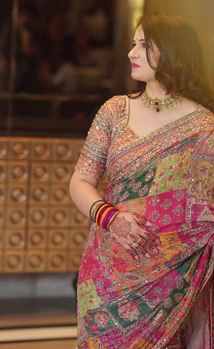 Designer Printed Silk Saree with Blouse | Festive & Wedding Wear (orange 2)