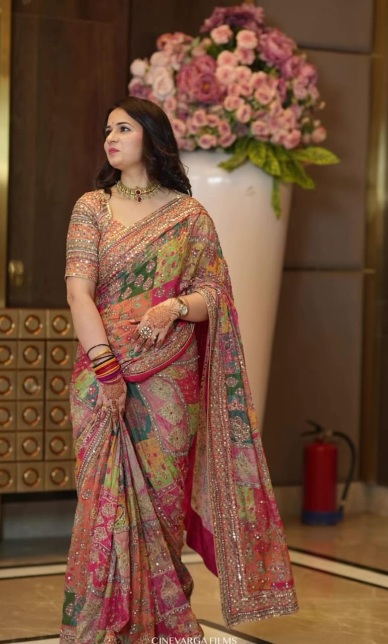 Designer Printed Silk Saree with Blouse | Festive & Wedding Wear (orange 2)
