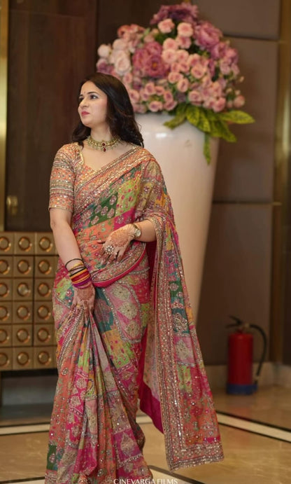 Designer Printed Silk Saree with Blouse | Festive & Wedding Wear (orange 2)