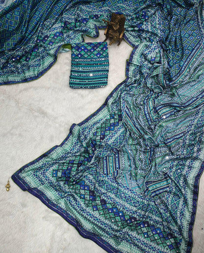 Blue Designer Printed Silk Saree with Blouse | Festive & Wedding Wear