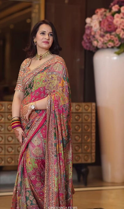 Designer Printed Silk Saree with Blouse | Festive & Wedding Wear (orange 2)