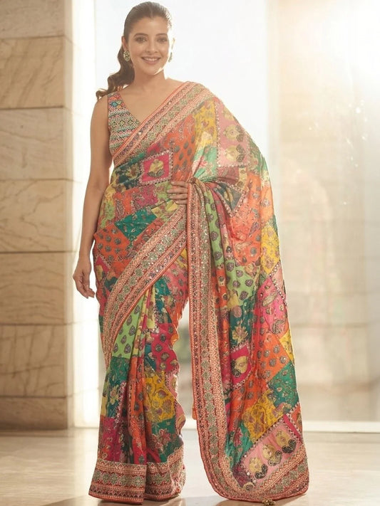 Designer Printed Silk Saree with Blouse | Festive & Wedding Wear (orange 2)